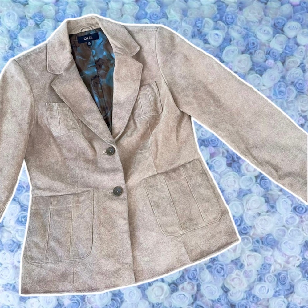 Retro Suede Blazer Camel Medium QUE Pockets Academia Aesthetic Career Wear Real